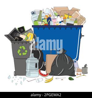 Mülltonnen voller Müll und Müllhaufen. Abfallbewirtschaftung. Müllverschmutzung. Überlaufender Müll, Lebensmittel, Metall, Kunststoff, Papier, Glas, Mischglas Stock Vektor