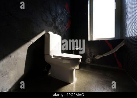 Sonnenlicht, das durch ein großes Fenster kommt, erleuchtet eine moderne Toilette mit geschlossenem Deckel Stockfoto
