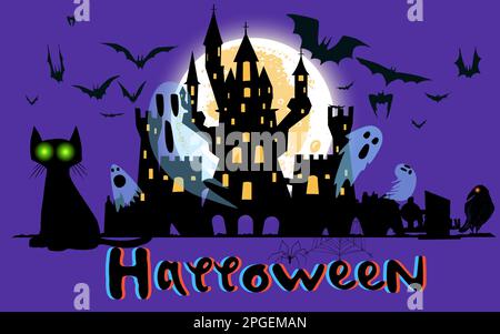 Halloween-Karte mit der Silhouette eines gotischen Schlosses mit fliegenden Geistern. Stock Vektor