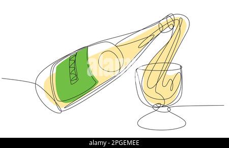 Eine Flasche Champagner, die ein Glas in einer Zeile auf weißem Hintergrund füllt. Stock Vektor