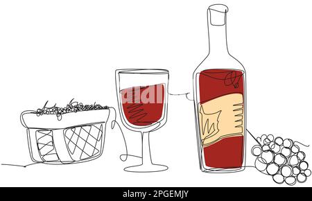 Ein Glas Wein mit einer Flasche und einem Korb mit Trauben in einer Zeile auf weißem Hintergrund. Stock Vektor