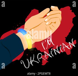 Eine Hand mit einem Armband aus ukrainischen Farben und einer blutigen Pfütze in der Form des ukrainischen Landes. Stock Vektor