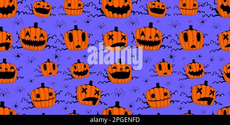 Jack O'Lantern Kürbis nahtloses Muster auf lila Hintergrund. Stock Vektor