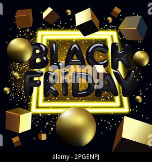 Black Friday Banner mit Neonrahmen und goldenen geometrischen Formen mit Partikeln. Stock Vektor
