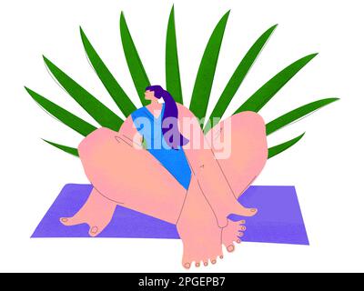 Ein Mädchen mit lila Haaren ist entspannt in Lotusposition auf weißem Hintergrund. Das Konzept des Studenten im Yogakurs. Mann mit großen Körperteilen und kleinem Er Stock Vektor