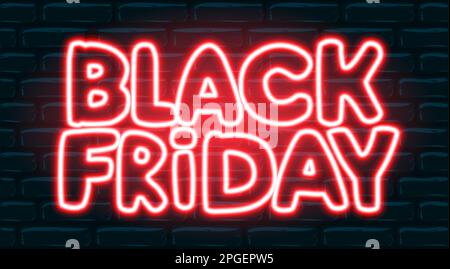 Neonschild Black Friday auf Backsteinwänden. Stock Vektor