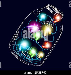 Skizzieren Sie den Becher mit glühender Girlande Zuckerrohr auf schwarzem Hintergrund. Stock Vektor