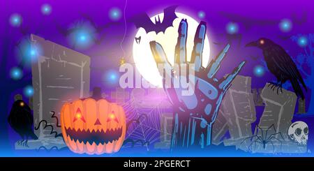 Halloween-Illustration mit Zombies-Hand, Jack Kürbis, Friedhöfen. Stock Vektor