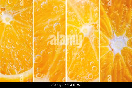 Reife und saftige Orangen in einem Banner, direkt aus einer Fruchtcollage Stockfoto