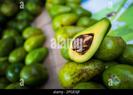 Frische und reife Avocados werden auf dem Marktstand auf dem Straßenmarkt in Barranquilla, Kolumbien, zum Verkauf angeboten. Stockfoto