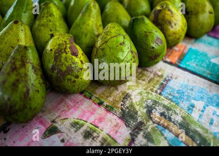 Frische und reife Avocados werden auf dem Marktstand auf dem Straßenmarkt in Cali, Kolumbien, zum Verkauf angeboten. Stockfoto