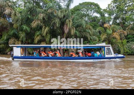 La Pavona, Costa Rica - Touristen fahren mit Booten auf dem Fluss Suerte für die einstündige Fahrt zum Tortuguero Nationalpark. Der Park kann nur mit bo erreicht werden Stockfoto