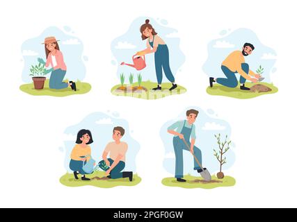 Leute, die im Frühling Gartenarbeit machen. Männer und Frauen Pflanzen, Bewässerung und Pflanzenpflege. Vektortäuschung im flachen Cartoon-Stil Stock Vektor