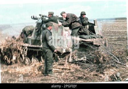 Farbfoto des Zweiten Weltkriegs Ein selbstfahrender Howitzer feuert 1944 an der russischen Front. Die Crew ist von der 10. SS Panzer Division Frundsberg Stockfoto