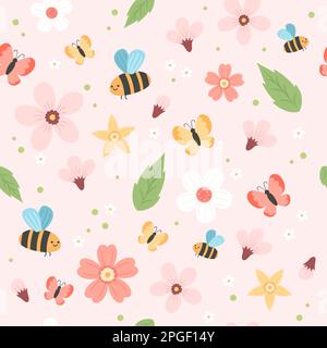 Frühlingsmuster mit Blumen, Bienen und Schmetterlingen. Niedliche Vektorelemente im flachen Cartoon-Stil Stock Vektor