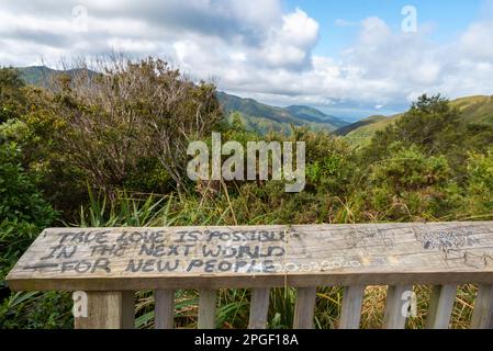 Aussichtspunkt am Remutaka Pass auf dem Gipfel der Remutaka Range. Neuseeland Nordinsel. Ehemaliger Titel: Rimutaka Range. Inspirierendes Graffiti Stockfoto