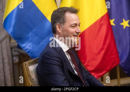 Brüssel, Belgien. 22. März 2023. Ministerpräsident Alexander De Croo nahm am Mittwoch, den 22. März 2023, auf einem diplomatischen Treffen zwischen Belgien und Schweden in Brüssel das Bild auf. BELGA FOTO HATIM KAGHAT Kredit: Belga News Agency/Alamy Live News Stockfoto
