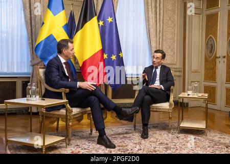 Brüssel, Belgien. 22. März 2023. Ministerpräsident Alexander De Croo und Schweden Premierminister Ulf Kristersson bildeten am Mittwoch, den 22. März 2023 in Brüssel ein diplomatisches Treffen zwischen Belgien und Schweden. BELGA FOTO HATIM KAGHAT Kredit: Belga News Agency/Alamy Live News Stockfoto