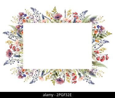 Aquarell gestrichener Blumenrahmen auf weißem Hintergrund. Blaue, rosa und gelbe Wildblumen, Äste, Blätter und Zweige. Stock Vektor