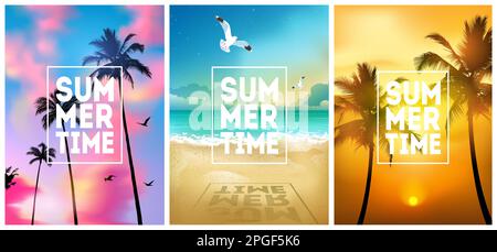 Tropische Sommerstrände mit Palmen, Meeresstrand, Sonnenaufgang und Sonnenuntergang. Sommerplakat Poster Flyer Einladungskarte. Sommer, perfekt Stock Vektor