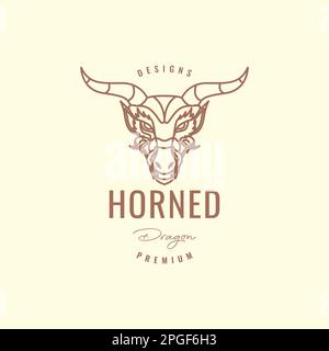 Kreatur Antike Legende Mythos Horned Dragon Head Line Art Hipster Vintage Logo Design Vector Stock Vektor