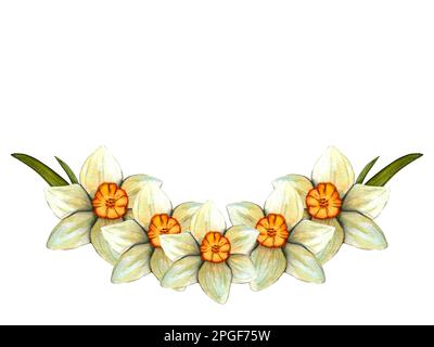 Aquarelle Rahmen ostern mit Narzissen. Von Hand gezeichnete Darstellung mit Feder isoliert auf weißem Hintergrund Stockfoto