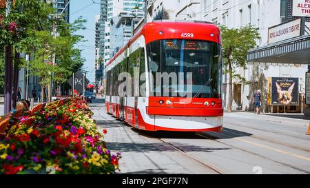 Blick auf die Straße der neuen TTC Bombardier-Straßenbahn im Unterhaltungsviertel von Toronto. Neue Toronto Transit Commision Straßenbahn auf den Straßen von Toront Stockfoto