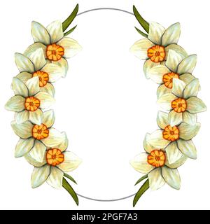 Aquarelle Rahmen ostern mit Narzissen. Von Hand gezeichnete Darstellung mit Feder isoliert auf weißem Hintergrund Stockfoto