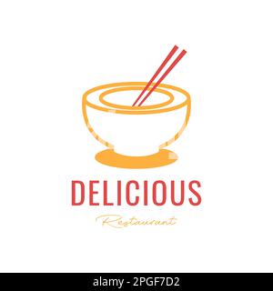 Köstliche Nudelsuppe Schüssel Essstäbchen Kochen Menü Linie Art Logo Design Vector Stock Vektor