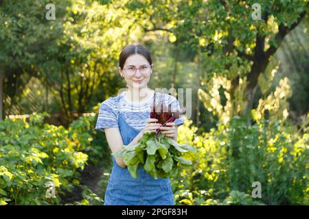 Junge Frau erntet frische rote Rüben, die sie auf ihrem Hof angebaut hat Stockfoto