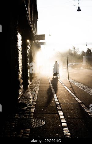 Person, die durch die Straßen von kopenhagen geht Stockfoto
