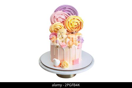 Zarter rosafarbener Kuchen zum Geburtstag des kleinen Mädchens niedlicher Teddybär, Schokolade und Baiser. Isoliert auf weißem Hintergrund. Horizontale Ausrichtung Stockfoto