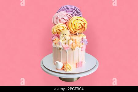 Zarter rosafarbener Kuchen zum Geburtstag des kleinen Mädchens niedlicher Teddybär, Schokolade und Baiser. Isoliert auf pinkfarbenem Hintergrund. Horizontale Ausrichtung Stockfoto