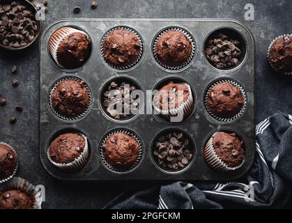 Über dem Kopf eine Dose Schokoladenzucchini-Muffins auf schwarzem Hintergrund. Stockfoto