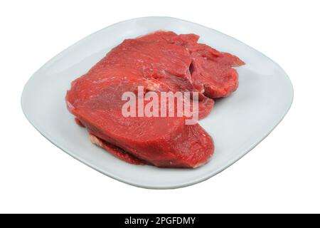 Rinderpulpa in Platte isoliert auf weißem Hintergrund. Rohes Fleisch zum Kochen. Stockfoto