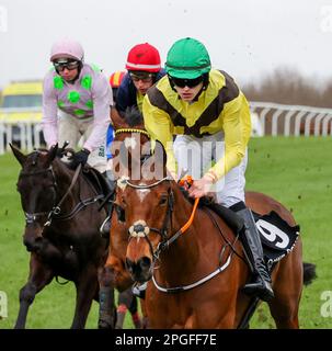 2023 Down Royal Racecourse Lisburn Nordirland. 17. März 2023. Bluegrass Stamm 30 Chase. Rennpferd Fairyhill Run (9), geritten von Jockey Liam Quinlan und ausgebildet von John Patrick Ryan. Stockfoto