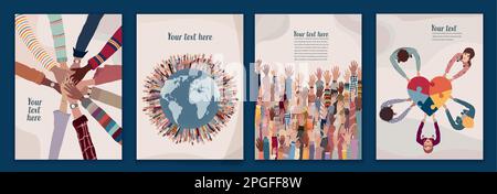 Freiwillige Gruppe Konzept Broschüre Broschüre Poster bearbeitbar Vorlage.multikulturelle Personen mit erhobenen Händen. Menschen Vielfalt hält Herz. Hände hoch Stock Vektor