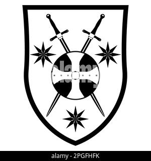Heraldischer Schild Kreuz-Schwert-Wappen. Mittelalterliches Wappen und Ritterzeichen. Darstellung des Konturvektors isoliert auf weißem Hintergrund. Stock Vektor