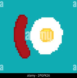 Ei und Würstchen Pixel Art. 8 Bit gebratenes Ei und Speck. Verpixeltes Frühstückskonzept Stock Vektor