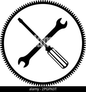 Tools und Service-Logo. Symbol für Schraubenschlüssel, Schraubendreher und Zahnrad. Abbildung eines flachen Vektors Stock Vektor