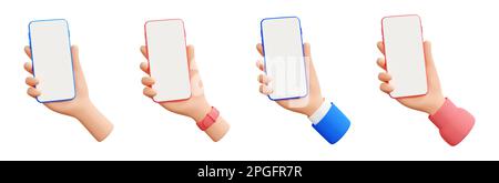 Hand-Halten-Mobiltelefon 3D Abbildung - menschliche Hand mit Telefon mit leerem Bildschirm. Stockfoto