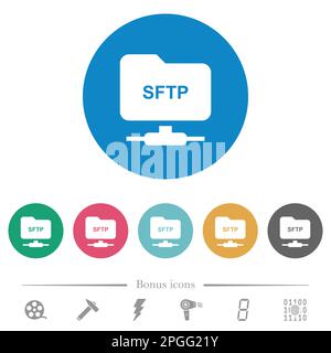 FTP über SSH flache weiße Symbole auf rundem farbigen Hintergrund. 6 Bonussymbole enthalten. Stock Vektor