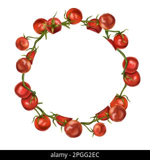 Rundes Gestell mit Kirschtomaten auf einem Zweig. Digitale Abbildung auf weißem Hintergrund. Geeignet für Verpackungsdesign, Postkarten, Drucke, Textilien. Stockfoto