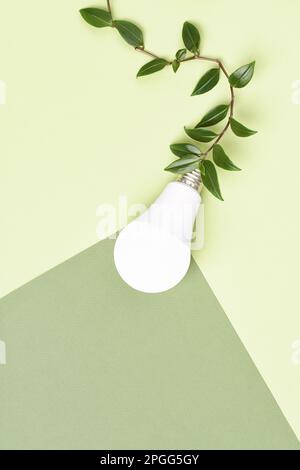 Energiesparlampe auf grünem Abzweigkabel, Green ENERGY Concept. Stockfoto