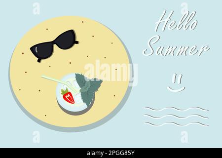 Farbenfrohes Sommerdesign mit Cocktail und Sonnenbrille und „Hello Summer“-Schriftzug. Sommerdesign in trendigen, hellen Farbtönen. Geeignet für Poster, Banner, Einladungskarten oder Broschüren, Preisschilder, Etiketten. EPS Stock Vektor