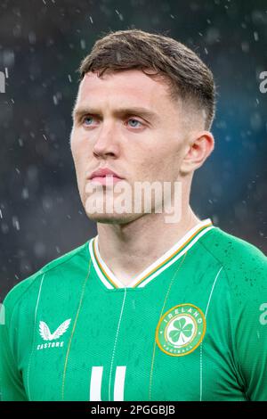 Dublin, Irland. 22. März 2023. Dara O'Shea of Ireland während des internationalen Freundschaftsspiels zwischen der Republik Irland und Lettland im Aviva Stadium in Dublin, Irland, am 22. März 2023 (Foto: Andrew SURMA/Credit: SIPA USA/Alamy Live News Stockfoto