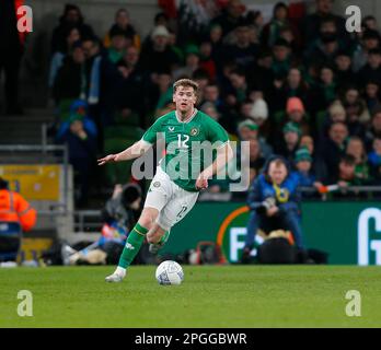 Dublin, Irland. 22. März 2023; Aviva Stadium, Dublin, Irland: International Football Friendly, Republik Irland gegen Lettland; Nathan Collins of Ireland Credit: Action Plus Sports Images/Alamy Live News Stockfoto