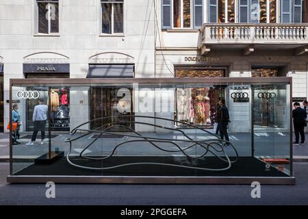 MAILAND, ITALIEN - APRIL 16 2018: Audi City Lab. Installation auf der Straße in Mailand, die die Merkmale eines Audi darstellt Stockfoto