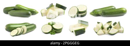 Set frischer reifer Zucchinis auf weißem Hintergrund. Bannerdesign Stockfoto