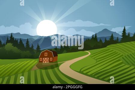 Schöner Sonnenaufgang auf dem Land mit Ackerland und Bergen Stock Vektor